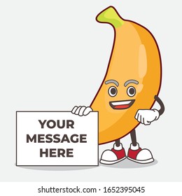 A picture of banana cartoon mascot character holding a board sign message