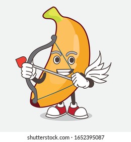 A picture of banana cartoon mascot character Cupid with arrow and wings