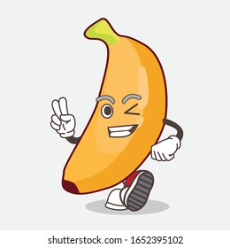 A picture of banana cartoon mascot character with two fingers