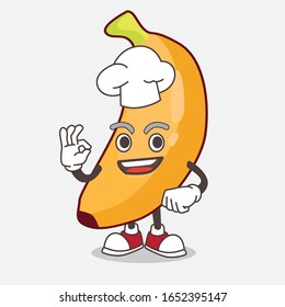 A picture of banana cartoon mascot character in a chef dress and white hat 