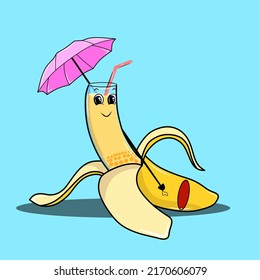 picture of banana with drink and umbrella, with funny expression