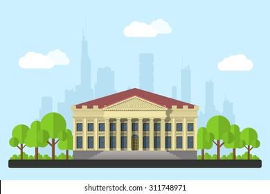 picture of bank building, clouds and trees, with big city silhouette on background, flat style illustration