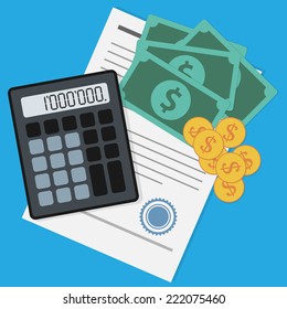 picture of banknotes, coins, calculator and document on blue background, business, earnings, savings, investment and making money concept