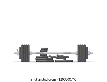 Picture of a barbell with additional weights isolated on white background. Gym equipment. Bodybuilding, powerlifting, fitness concept. Flat style illustration.