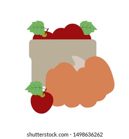 The picture is a basket of fruits, apples, pumpkin. Autumn harvest, basket, landscape.