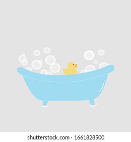 Picture of a bath with soap bubbles. Classic bathtub in cartoon style. Vector illustration of soap bubbles. Sign for packaging soap hygiene products for children.