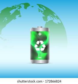picture of a battery charged with renewable energy with planet earth on background, vector eps 10 illustration