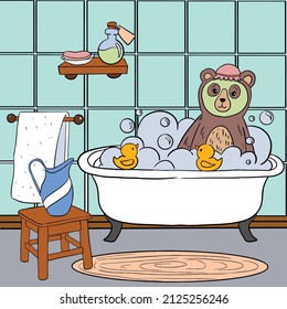 Picture of a bear bathing in the bathroom with ducklings. Vector illustration