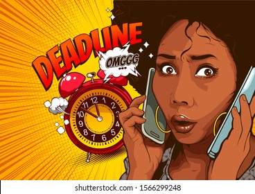 Picture Of Beautiful African American Woman Talking On Two Phones, She Is Busy And Stressed About Talking Business Work, Cover Template Background, Speech Bubbles, Doodle Art, Vector Illustration.