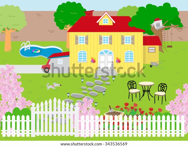 A picture of a\
beautiful house and a garden