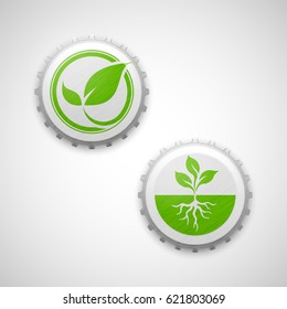 Picture of a beer lid with symbol of eco. Bottle cork with sign natural, organic, view from above. Iron plug plant icon