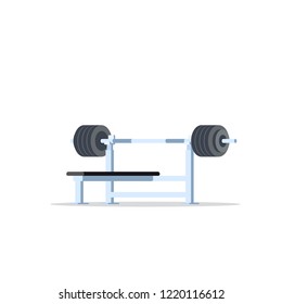 Picture of bench press rack and heavy barbell isolated on white background. Bodybuilding, fitness, sport, healthy lifestyle concept. Flat style illustration.