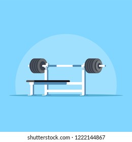 Picture of bench press rack and heavy barbell. Bodybuilding, fitness, sport, healthy lifestyle concept. Flat style illustration.