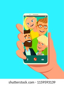 Picture of best friends making selfie on mobile or smart phone while spending free time. Vector illustration in cartoon style.