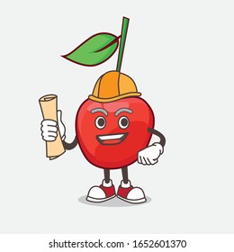 A picture of bing cherry architect cartoon mascot character having blue prints and blue helmet