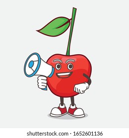 A picture of bing cherry cartoon mascot character holding a board sign message