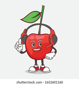 A picture of bing cherry cartoon mascot character speaking on a headphone