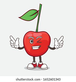 A picture of bing cherry cartoon mascot character with Winking eye