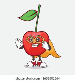 A picture of bing cherry cartoon mascot character dressed as a Super hero