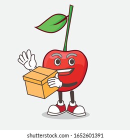 A picture of bing cherry mascot character holding a box