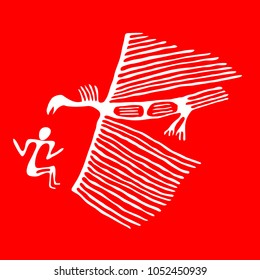 Picture bird and ancient man in a traditional old ethnic style. Ethnographic, anthropological petroglyph rock drawing. White vector illustration on a red background.