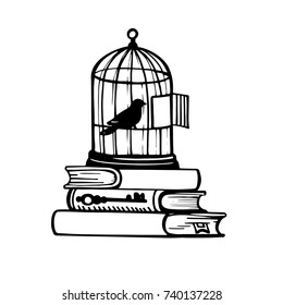 Picture of a bird in a cage. Sketch of tattoo