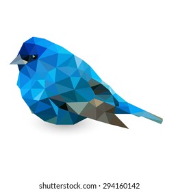 Picture of bird made with triangles in blue colors on white background