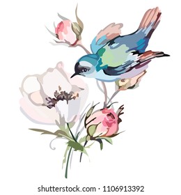 Picture of a bird on flowers in color. Vector