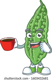 Picture of bitter melon character with a cup of coffee