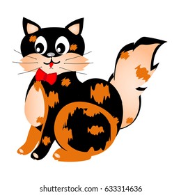
    Picture of a black cat with red spots with a fluffy tail for a children's print 