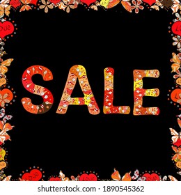 Picture in black, red and orange colors. Sale promotion sign, Online shopping discount, Entrepreneur and e-business commerce, Dressmaker and fashion business. Vector illustration. Seamless.