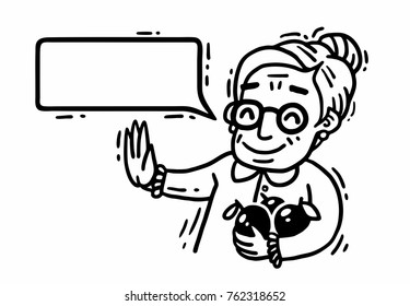 picture black and white granny comic with apples says something and refuses