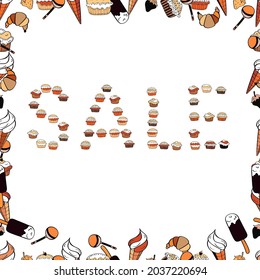 Picture in black, white and orange colors. Lettering. Seamless. Sale banner template design.