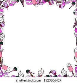 Picture in black, white and pink colors. Vector. Seamless. Foursquare frames doodles.