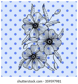 picture of black and white poppies in vintage style on the green background