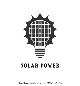 picture of black and white sillhouette icon of light bulb with solar panels inside, renewable solar energy concept logo