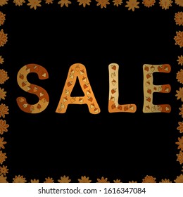 Picture in black, yellow and orange colors. Seamless. Fall sale banner design, special offer for online shopping. Vector illustration. Lettering.