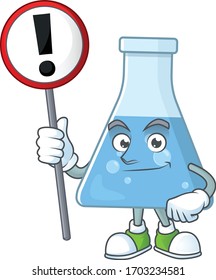 A picture of blue chemical bottle cartoon character concept holding a sign