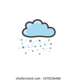 Picture of blue cloud with rayn and snowflakes. Symbol of the weather. Vector drawing by hand in the style of a doodle.