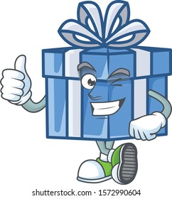 Picture of blue gift box making Thumbs up gesture