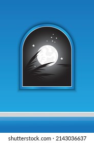 picture of blue wall wallpaper as a picture of an open window See the moon and stars outside at night.