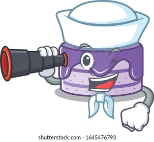 A picture of blueberry cake working as a Sailor with binocular