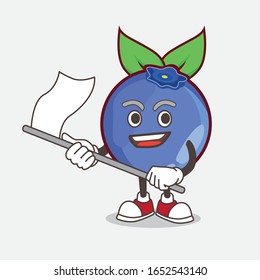 A picture of blueberry cartoon mascot character waving a flag