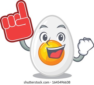 A picture of boiled egg mascot cartoon design holding a Foam finger