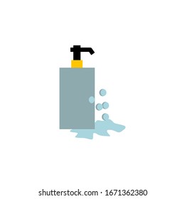 The picture of a bottle with droplets and bubbles illustrates a hand soap icon. Flat illustration of hand soap vector icon. Hand soap sign symbol. Hand soap vector in white background.