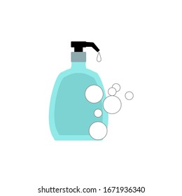 The picture of a bottle with droplets and bubbles illustrates a hand soap bottle icon. Flat illustration of hand soap bottle vector icon. Hand soap bottle symbol. Hand soap vector in white background.