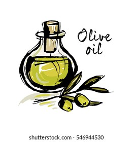 Picture of the bottle with olive oil and olive branches.