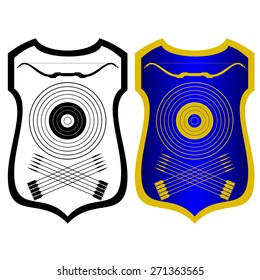 Picture of bow and arrows on the board. Illustration on white background.