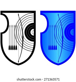 Picture of bow and arrows on the board. Illustration on white background.