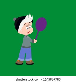 In the picture a boy with a tennis racket. Dressed in a hat, sweater, pants. Sports boy. Playing with children.